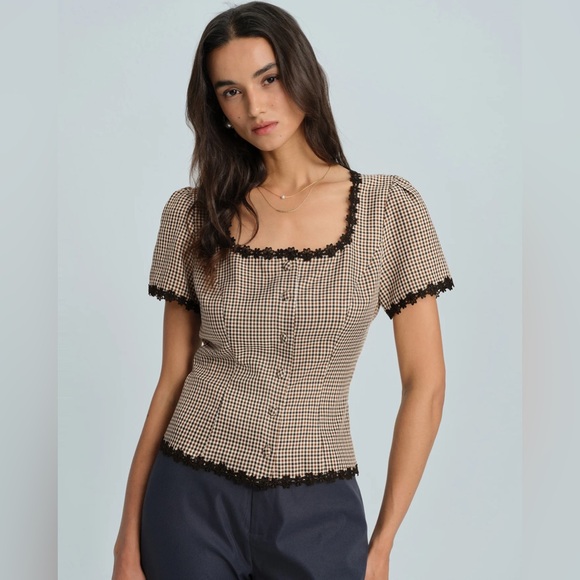 RIHOAS Tops - Coffee Square Neck Plaid Blouse